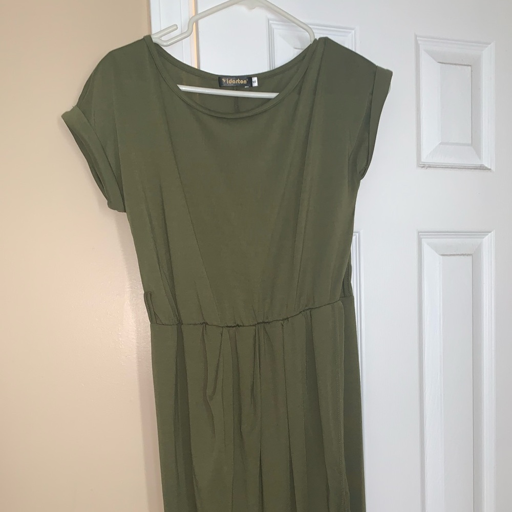 Army green maxi dress with slit in the front.